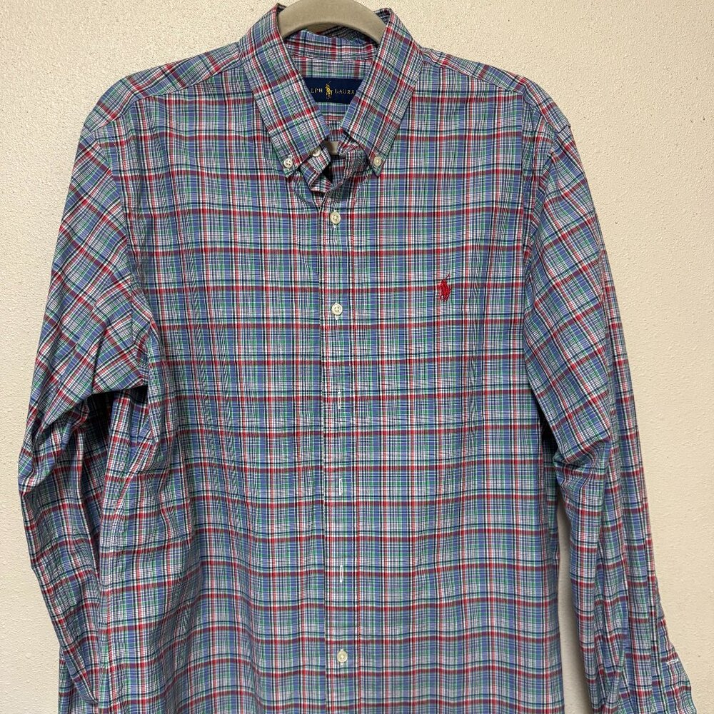 Ralph Lauren men's cotton button down shirt, plaid, blue label, size L